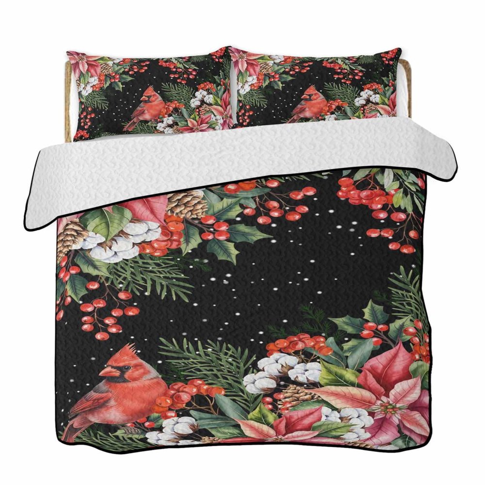 Twin XL Quilt Set, Red Bird Poinsettia Berry Leaf Lightweight Soft Microfiber Summer Bedspread Coverlet with 2 Pillow Shams, Christmas Plant on Black 3 Piece Bedding Set for All Seasons