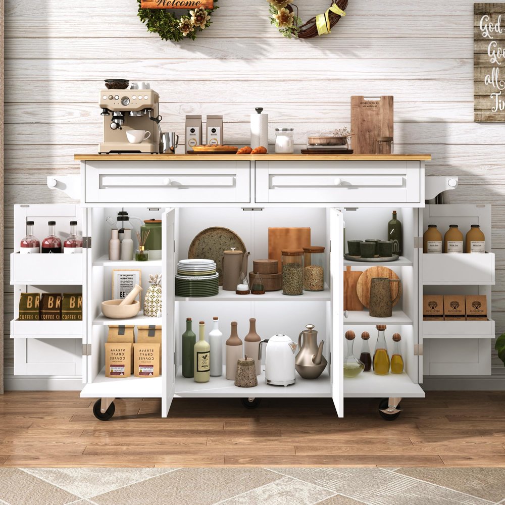 Gitua 55" W Rolling Kitchen Island with Drop Leaf Movable Kitchen Carts on Wheels Island with Storage Cabinet, Island Table for Kitchen with Rubber Wood Top and Rack and Drawers, Matte, White