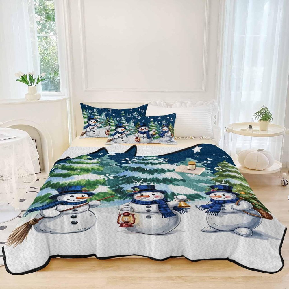 Full Quilt Set, Christmas Snowman Xmas Tree Winter Snow Lightweight Soft Microfiber Summer Bedspread Coverlet with 2 Pillow Shams, Holly Berries Dark Blue 3 Piece Bedding Set for All Seasons