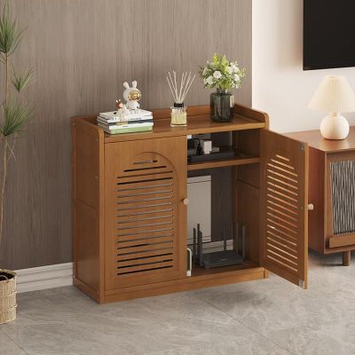 HARELA WiFi Router Storage Cabinet, Home Media Storage Cabinet with Shelves, Floor Freestanding Hidden Organizer for WiFi Router, Power Strip and Cable Management(Brown,26.4x23.2x9.8in)