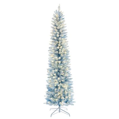 Vickerman 7.5' x 28" Flocked Baby Blue Pencil Fir Artificial Pre-Lit Christmas Tree with 300 Dura-Lit Warm White Mini Lights and 469 Realistic Flocked Baby Blue PVC Tips, Folding Metal Stand
