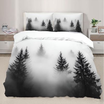RUHEYIA Misty Forest Duvet Cover Queen Pine Forest in The Mist Bedding Set Natural Landscape 3D Printed Room Decoration Quilt Cover Super Soft Bedding 3-Piece Set Suitable for Adults Kids Teenagers