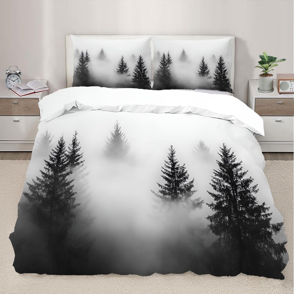 RUHEYIA Misty Forest Duvet Cover Queen Pine Forest in The Mist Bedding Set Natural Landscape 3D Printed Room Decoration Quilt Cover Super Soft Bedding 3-Piece Set Suitable for Adults Kids Teenagers