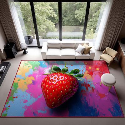 10x14 Strawberry Area Rug, Washable Colorful Strawberry Rug, Cute Fruit Rugs, Large Berry Carpet for Girls Bedroom, Living Room, Non Slip & Faux Cashmere Low Pile