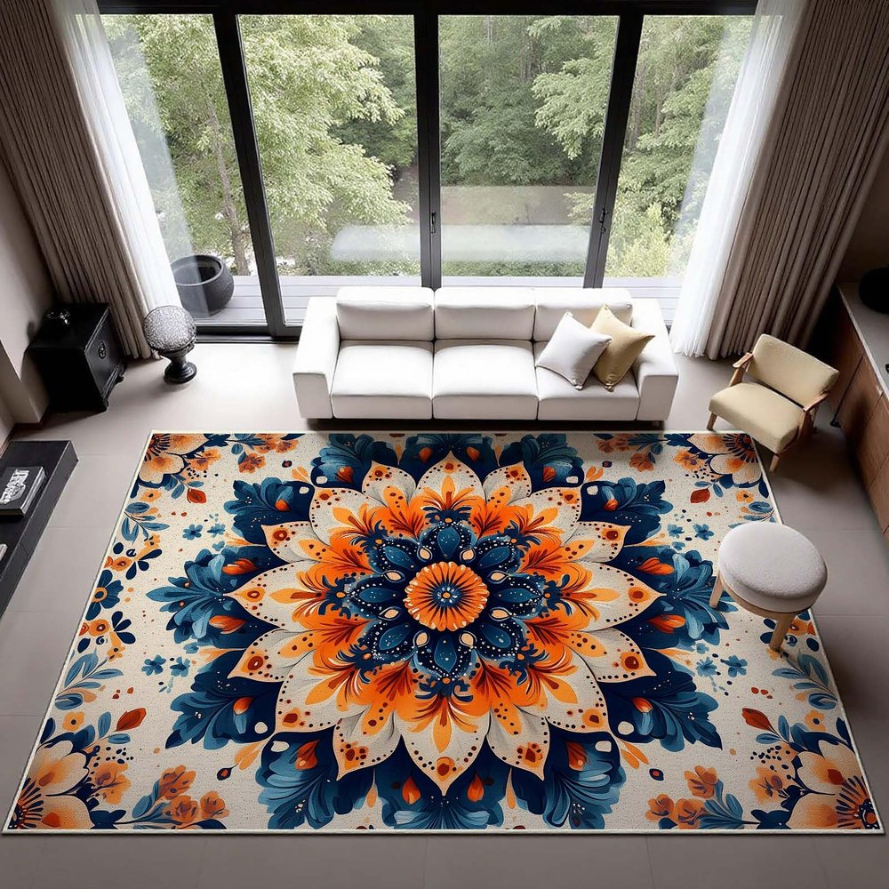 10x15 Mandala Rug, Lotus Rug, Mandala Floral Rugs, Ethnic Flower Rugs, Yoga Meditation Carpet for Living Room, Boho Carpet, Non Slip & Faux Cashmere Low Pile