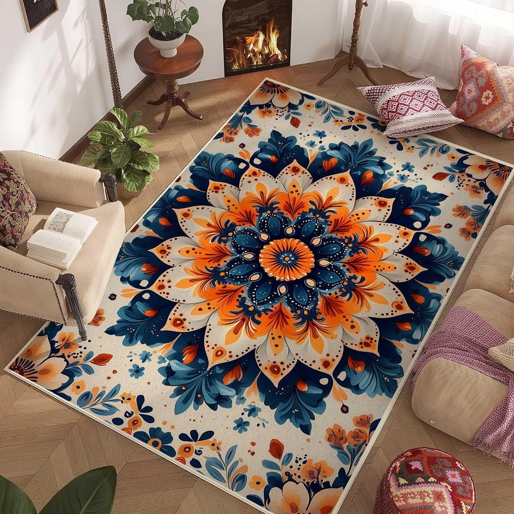 10x16 Mandala Rug, Lotus Rug, Mandala Floral Rugs, Ethnic Flower Rugs, Yoga Meditation Carpet for Living Room, Boho Carpet, Non Slip & Faux Cashmere Low Pile