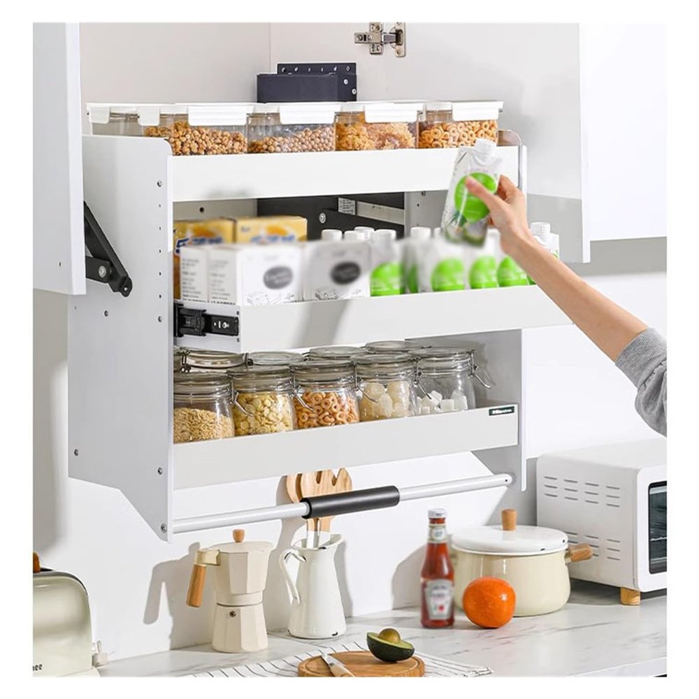 3-Tier Pull-Down Shelf, Lifting Basket, Pull-out Cabinet Organizer, Height Adjustable Hanging Mounted Spice Rack For Kitchen Storage Room Balcony Upper Cabinets((LxWxH)57.2x25x45.2cm)