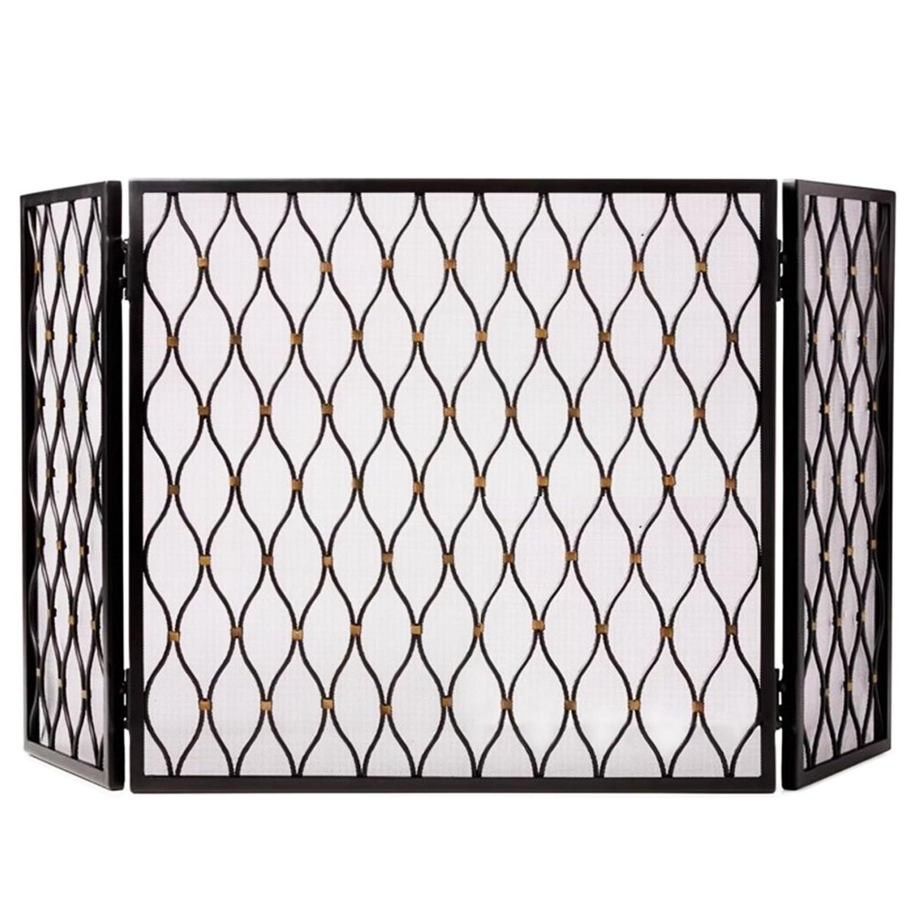 Cell Phone Locker Black 3-Panels Fireplace Cover Grate, Classic Fireplace Barrier Popular Wrought Iron Hearth Screen, Heavy Duty Rectangular Safety Fireguard