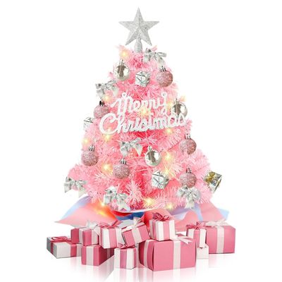24inch/2ft Mini Christmas TreeTabletop Artificial Christmas Tree with Led String LightOrnamentsArtificial Xmas Tree for Home Indoor Decor(Pink)