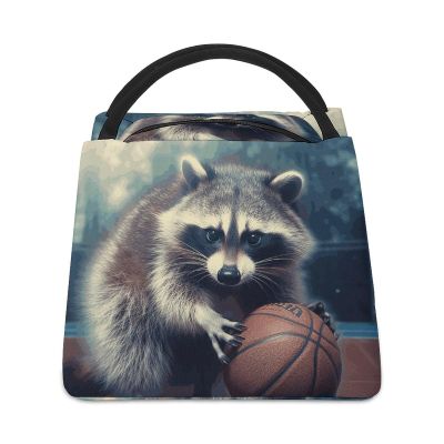 HEBVNJF Insulated Lunch Bag for Women Men Portable Reusable Lunch Box Funny Raccoon Basketball Leakproof Cooler Tote Bags for Work Travel Picnic