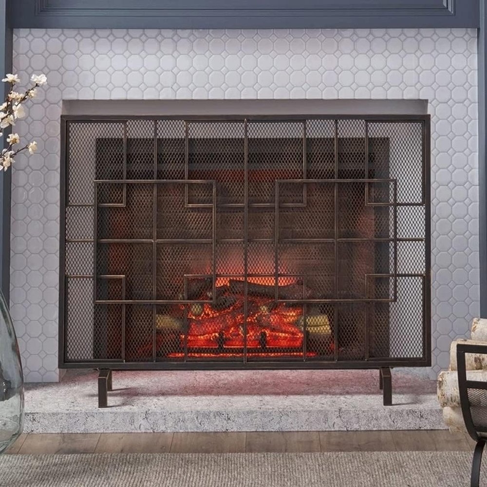 Fire Place Screen European Style Wrought Iron Simple Fire Home Grid Cover Door Screen Family Fence Decorative,N (Red Bronze)
