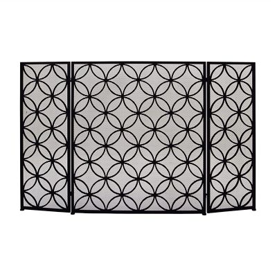 Fireplace Guard Large Fireplace Screen with Solid Mesh Cover H 29.9inch, Foldable 3 Panels Spark Guard, Heavy Duty Wrought Iron Flat Frame, Geometric