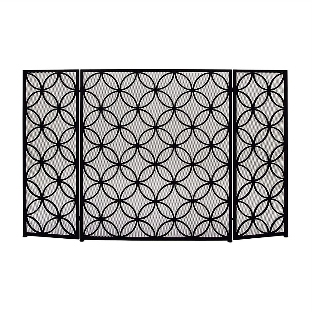 Fireplace Guard Large Fireplace Screen with Solid Mesh Cover H 29.9inch, Foldable 3 Panels Spark Guard, Heavy Duty Wrought Iron Flat Frame, Geometric