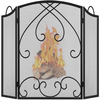 Fireplace Screen 3 Panel with Handles 48 W x 29 H Modern Wrought Iron Decorative Large Fire Spark Guard Grate for Living Room Outdoor Decor, Black ()
