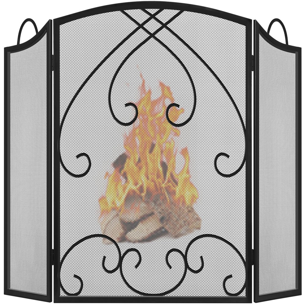 Fireplace Screen 3 Panel with Handles 48 W x 29 H Modern Wrought Iron Decorative Large Fire Spark Guard Grate for Living Room Outdoor Decor, Black ()