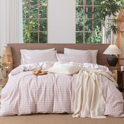 MooMee Gingham Duvet Cover Set 100% Washed Cotton Linen Like