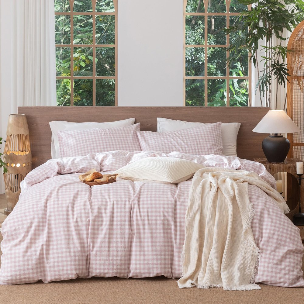 MooMee Gingham Duvet Cover Set 100% Washed Cotton Linen Like
