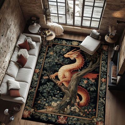 10x12 Dragon Rug, Western Dragon Area Rug, Washable Fantasy Rugs, Vintage Boho Dragons Carpet, Medieval Floral Dragons Carpet for Living Room, Non Slip & Faux Cashmere Low Pile