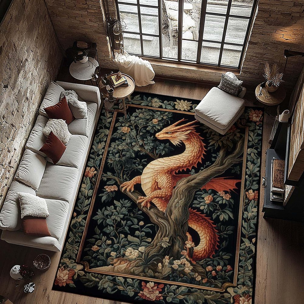 10x12 Dragon Rug, Western Dragon Area Rug, Washable Fantasy Rugs, Vintage Boho Dragons Carpet, Medieval Floral Dragons Carpet for Living Room, Non Slip & Faux Cashmere Low Pile