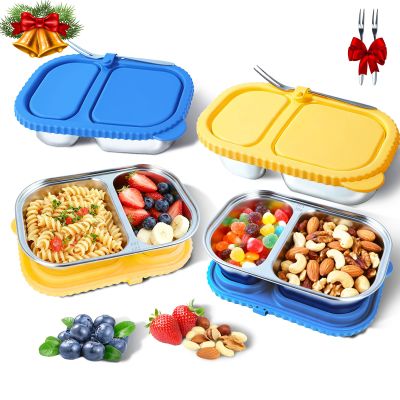 2 Pack Stainless Steel Snack Containers for Kids & Adults - Reusable 2 Compartment Snack Containers with Leakproof Silicone Lids, Divided Meal Prep Lunch Box Food Container for School, Office, Travel