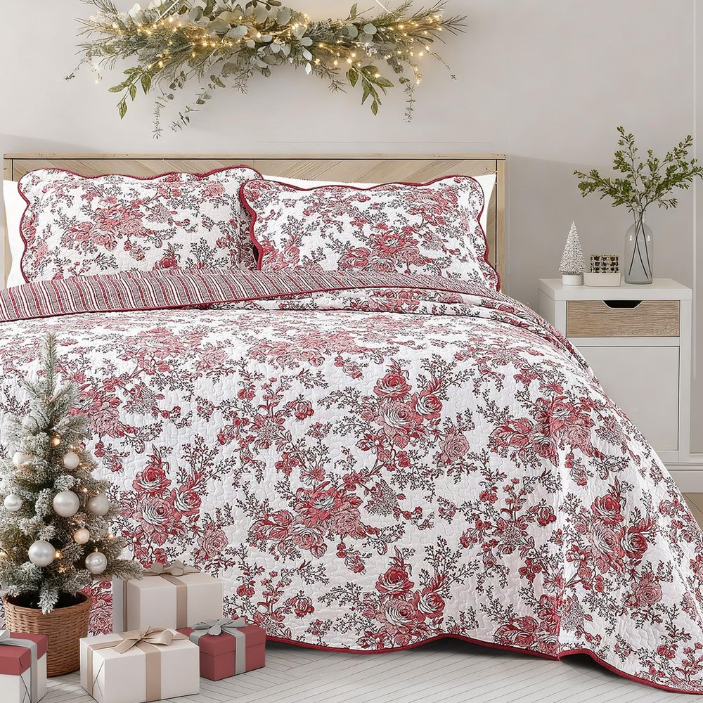Wonderful 100% Cotton Red Floral Bedspread Set Full Size,Quilt Bedding Sets with Pillow Shams, 3 Pieces Botanical Coverlet Set, Quilted Blanket Bed Cover for All Season, 96"x110"