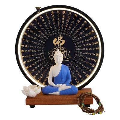 13 Inch Buddha Statue with Circle LED Table Lamp Ceramic Meditation Indoor Decor, Ceramic Buddha Statue for Home and Office(White, Black, Wood Color, Blue)