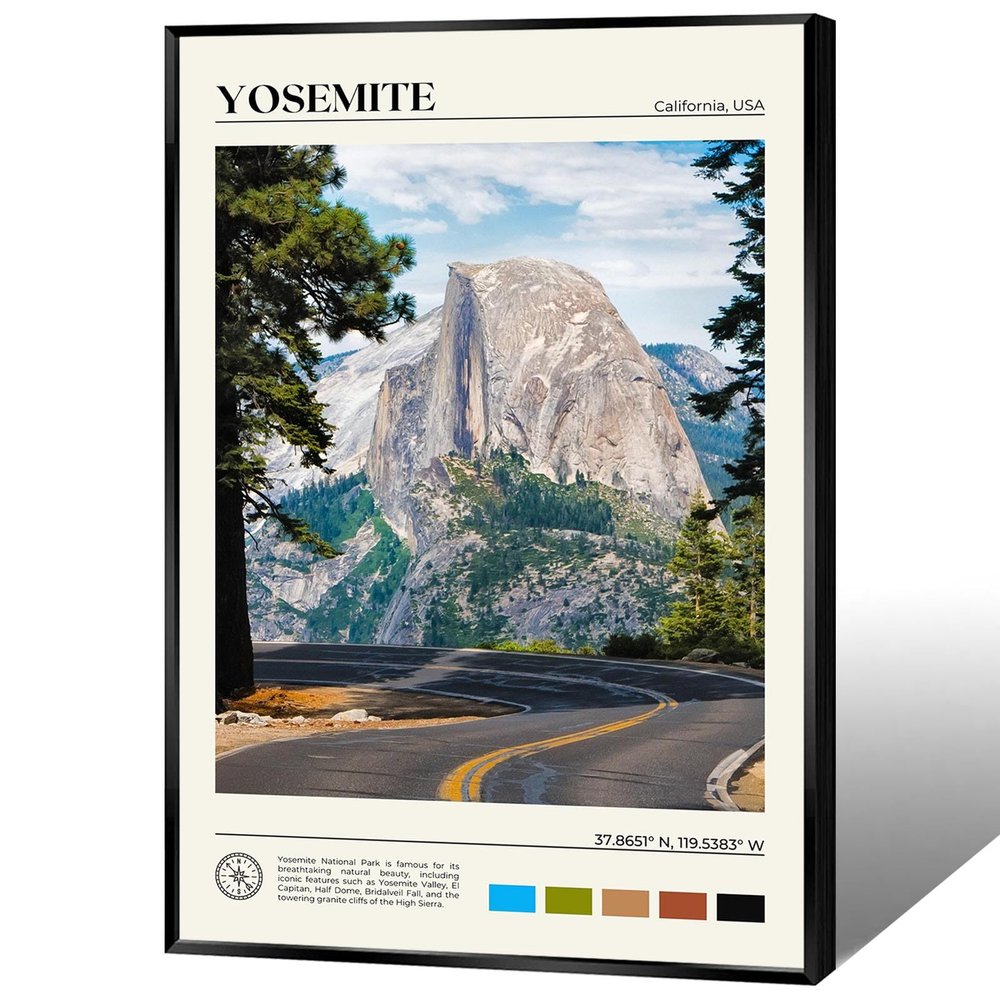 Trendy USA Yosemite National Park Landscape Canvas Posters Yosemite Valley Wall Art America City Travel Prints Painting For Living Room Bedroom Office Wall Decor 16x24in Black Framed