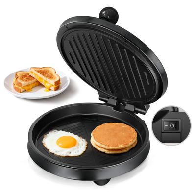 3-in-1 Electric Griddle & Panini Press - CACHOO 8" Nonstick Round Griddle and Sandwich Press with On/Off Switch, 180 Open Design, Perfect for Pancakes, Omelettes, Quesadillas, Veggies (Black)