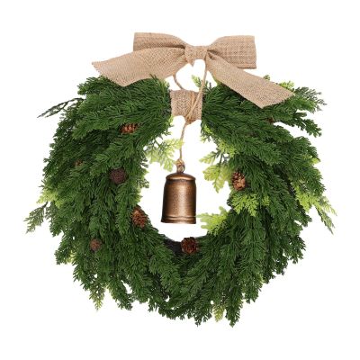 Diydeg Christmas Wreath, 19.69in Heart Shaped Artificial Cedar Wreath with Bell, Faux Cedar Greenery Fake Pine Wreath for Door Home Dining Table Mantel Porch Winter Holiday Decoration