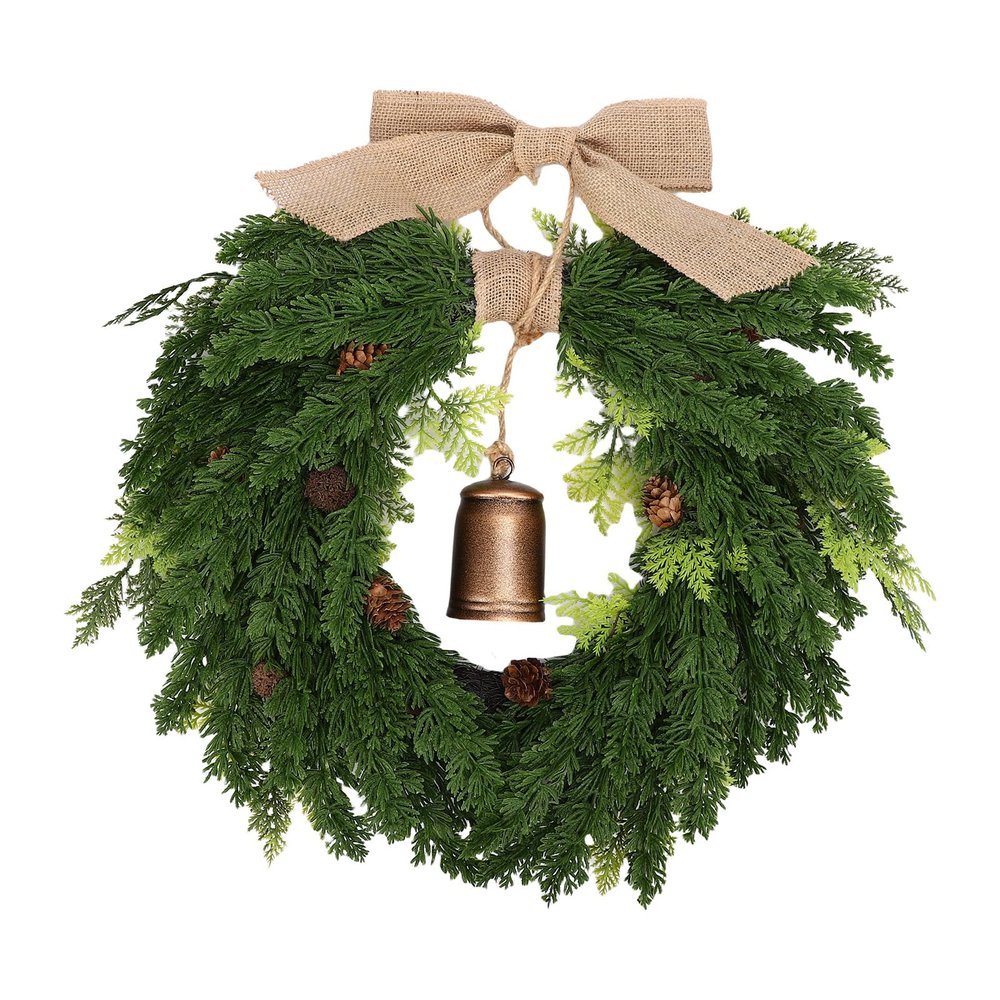 Diydeg Christmas Wreath, 19.69in Heart Shaped Artificial Cedar Wreath with Bell, Faux Cedar Greenery Fake Pine Wreath for Door Home Dining Table Mantel Porch Winter Holiday Decoration