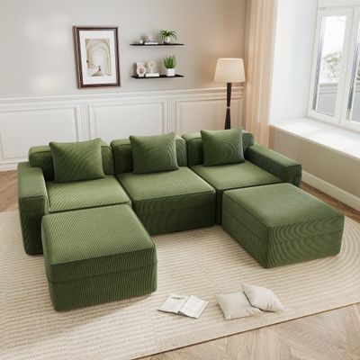 117.3" Cloud Couch Sectional Sofa, 3 Seat Modular Boneless Couches, Comfy Corduroy Fabric Sofa with Deep Seat, for Living Room, Apartment, Bedroom (Green, 117.3inch+2 Ottoman)