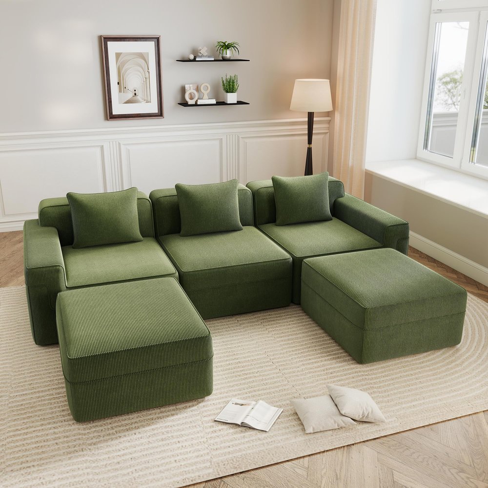 117.3" Cloud Couch Sectional Sofa, 3 Seat Modular Boneless Couches, Comfy Corduroy Fabric Sofa with Deep Seat, for Living Room, Apartment, Bedroom (Green, 117.3inch+2 Ottoman)