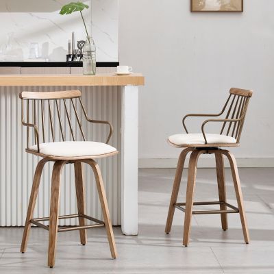 26 Inch Counter Height Bar Stools Set of 2, Swivel Counter Stools with Curved Arm and Footrest, Upholstered Wood Barstool with Metal Fence-Like Back for Kitchen Island Home Bar Pud(Beige Linen)