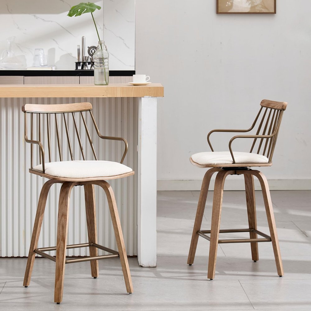 26 Inch Counter Height Bar Stools Set of 2, Swivel Counter Stools with Curved Arm and Footrest, Upholstered Wood Barstool with Metal Fence-Like Back for Kitchen Island Home Bar Pud(Beige Linen)
