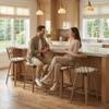26 Inch Counter Height Bar Stools Set of 2, Swivel Counter Stools with Curved Arm and Footrest, Upholstered Wood Barstool with Metal Fence-Like Back for Kitchen Island Home Bar Pud(Beige Linen) view 3