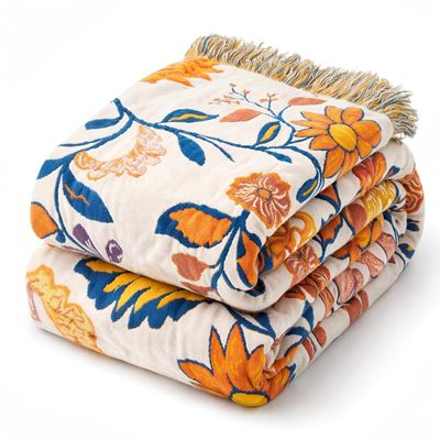 100% Cotton Boho Throw Blanket for Home Decor  Classic Farmhouse Quilt Bedding, Muslin Blankets for Adults, Vintage Woven Decorative Blanket for Couch, Bed Layering Use, Botanic Floral, 60"x80"