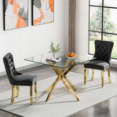 36'' Square Glass Dining Table Set for 2,3-Piece Modern Kitchen Table and Chairs Set for 2 with Metal Legs&Velvet 2 Chairs for Kitchen Dining Room