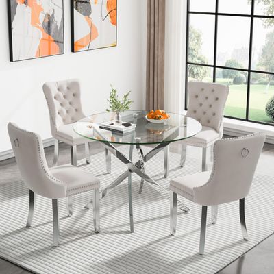 36'' Round Glass Dining Table Set for 4,5-Piece Round Kitchen Table and Chairs Set for 4 with Metal Legs&Velvet 4 Chairs for Kitchen Dining Room
