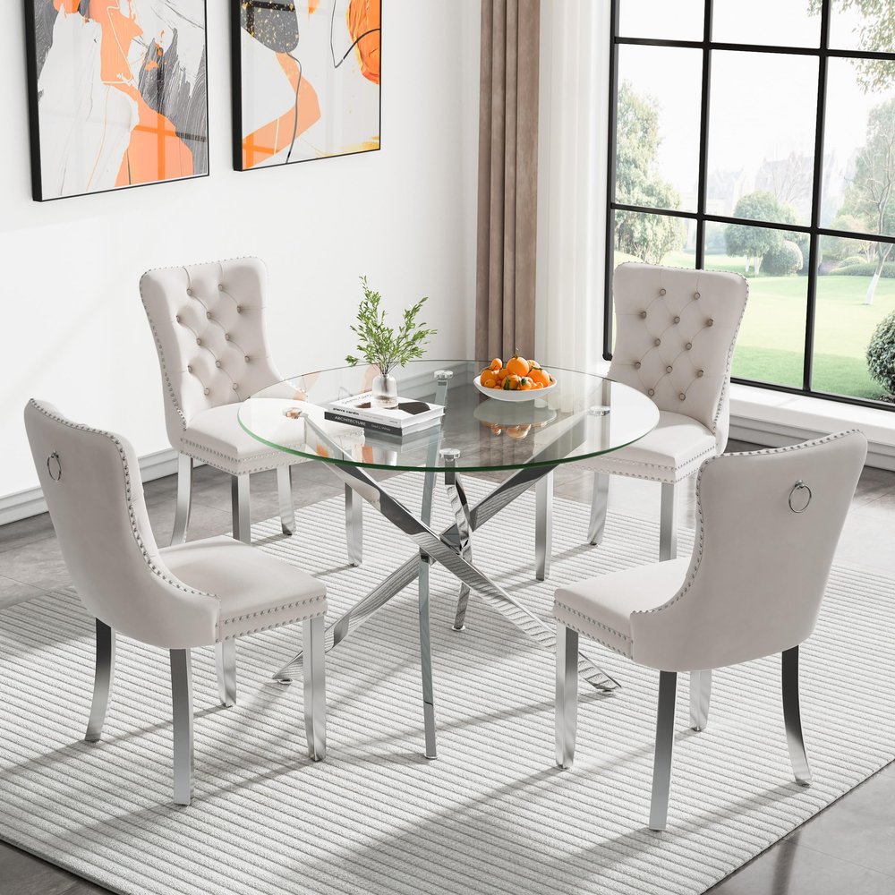 36'' Round Glass Dining Table Set for 4,5-Piece Round Kitchen Table and Chairs Set for 4 with Metal Legs&Velvet 4 Chairs for Kitchen Dining Room