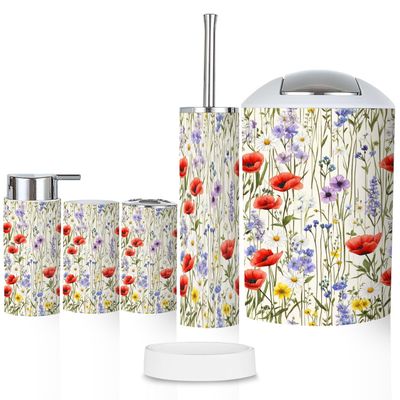 Bathroom Accessory Set 6 Piece Watercolor Botanical Seamless Meadow Wildflowers Wild Toothbrush Cup Toothbrush Holder Soap Dispenser Soap Dish Trash Can with Lid Toilet Brush Holder Counter Decor