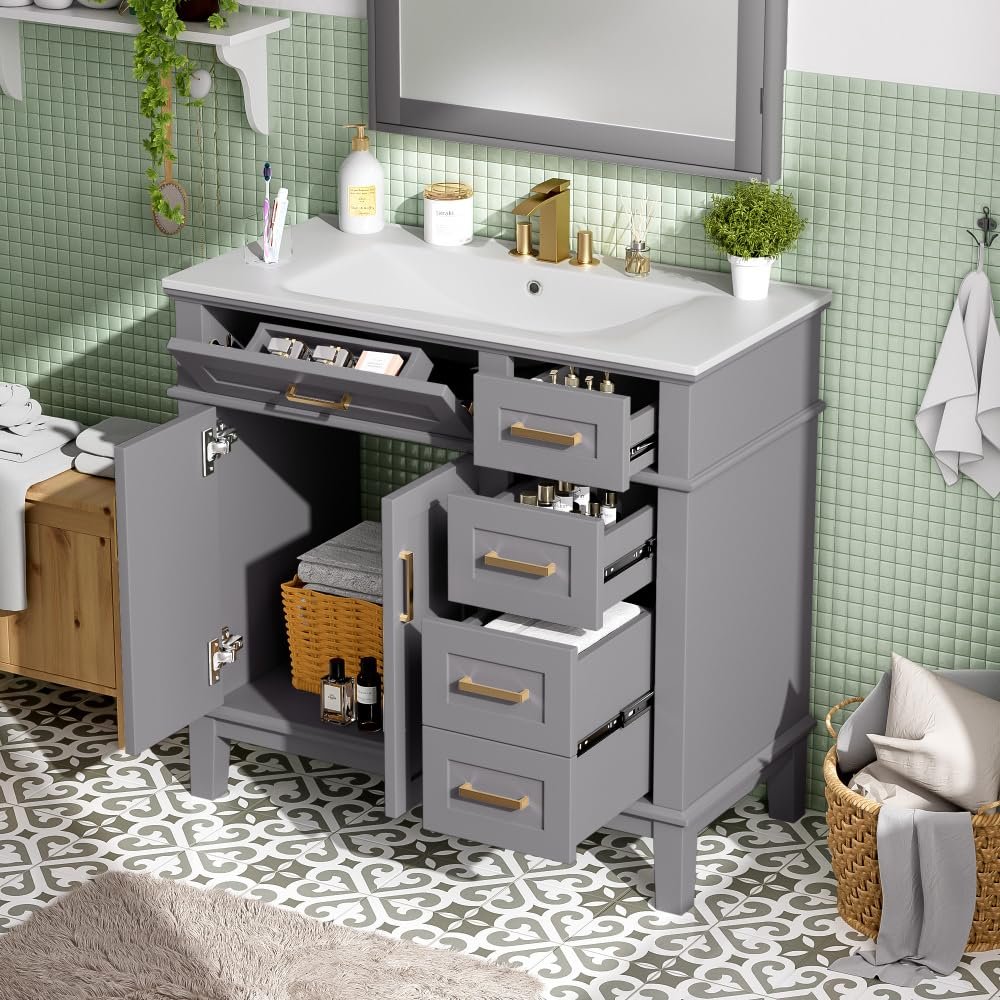 36" Blue Modern Bathroom Vanity with Ceramic Sink, Soft Close Doors, 4 Drawers for Storage, Elegant Design for Small Bathrooms (Gray)