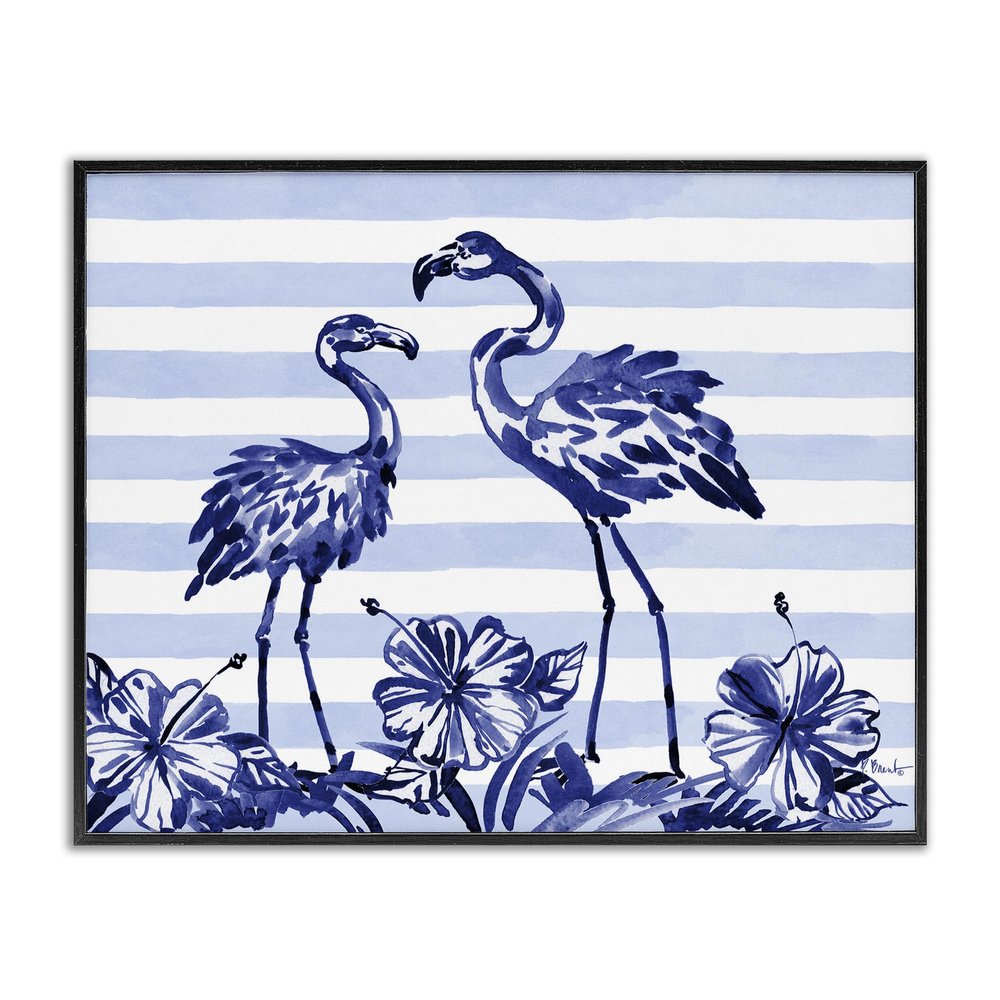 Stupell Industries Indigo Flamingos over Stripes Black Framed Giclee Art, design by Paul Brent, 16 x 20