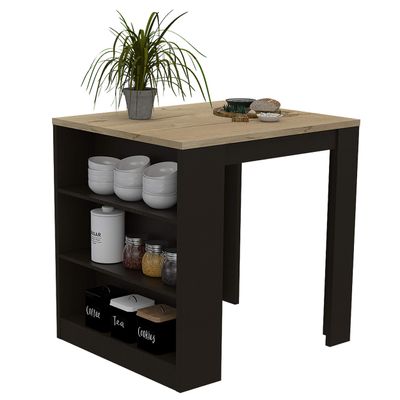 Modern Black/Pine Kitchen Island with 3 Open Shelves 36.2" Square Countertop, Engineered Wood Construction, TSCA Compliant, Perfect for Breakfast Nook & Dining Room