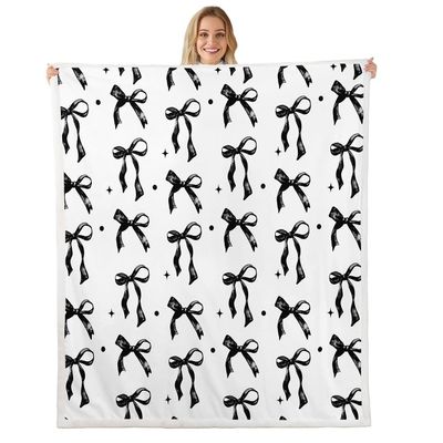 Manfei Black Bows Throw Blanket Watercolor Bowknot Fleece Blanket Cartoon Black White Bow Tie Cozy Throws for Bed Couch Sofa,Kids Boys Girls Room Decor,Soft and Breathable(60 x 80 Inches)