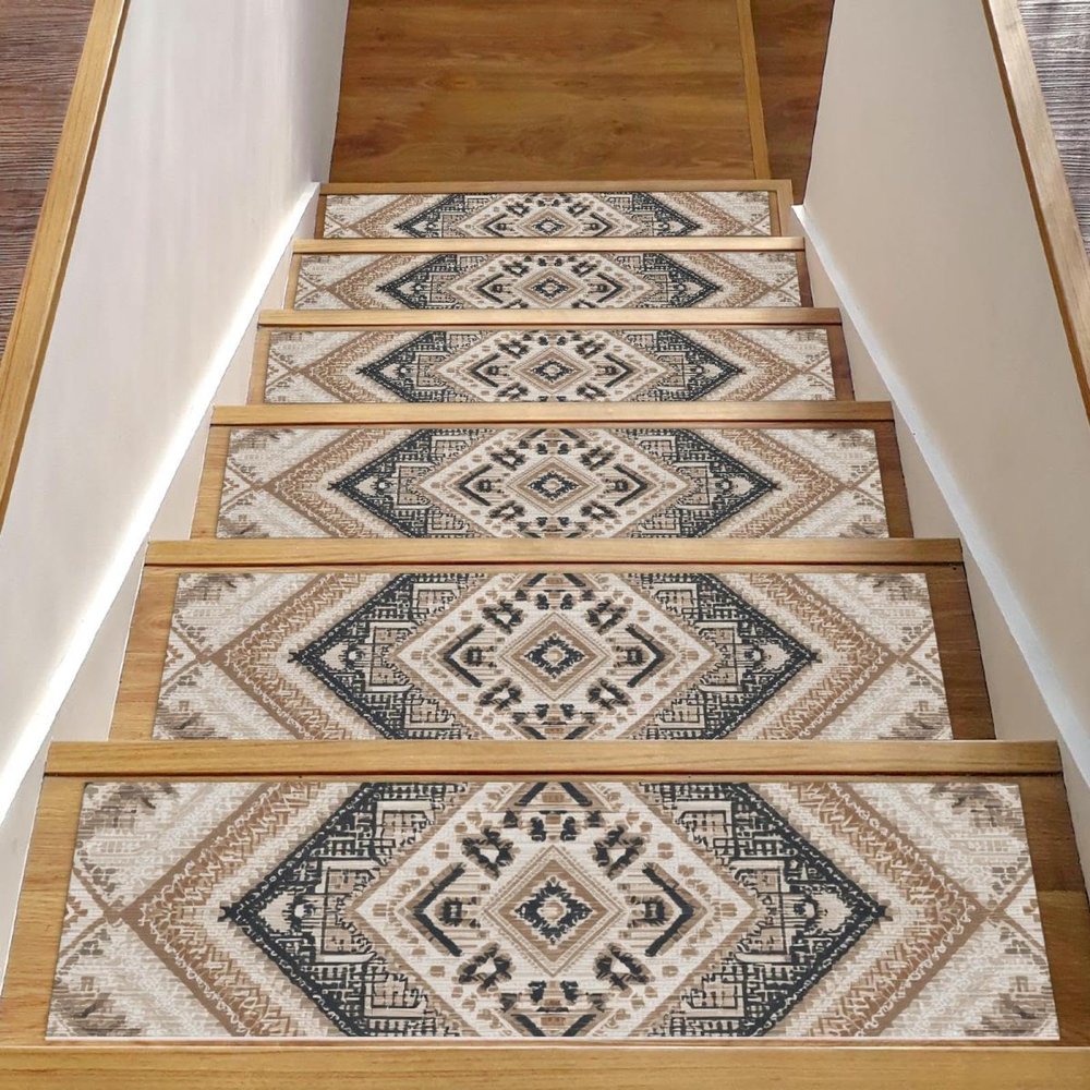 Stair Treads Non-Slip, 15 Pieces Carpet Stair Treads, Geometric Ethnic Pattern Staircase Runner for Wooden Steps, 30" x 8" Indoor Staircase Step Runners Rugs, Stairway Cover Mat Pads