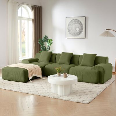 113" Modular L-Shaped Sectional Sofa with Movable Ottoman, Green Corduroy Deep Seat Couches for Living Room, Boneless Cloud Couch, No Assembly Required
