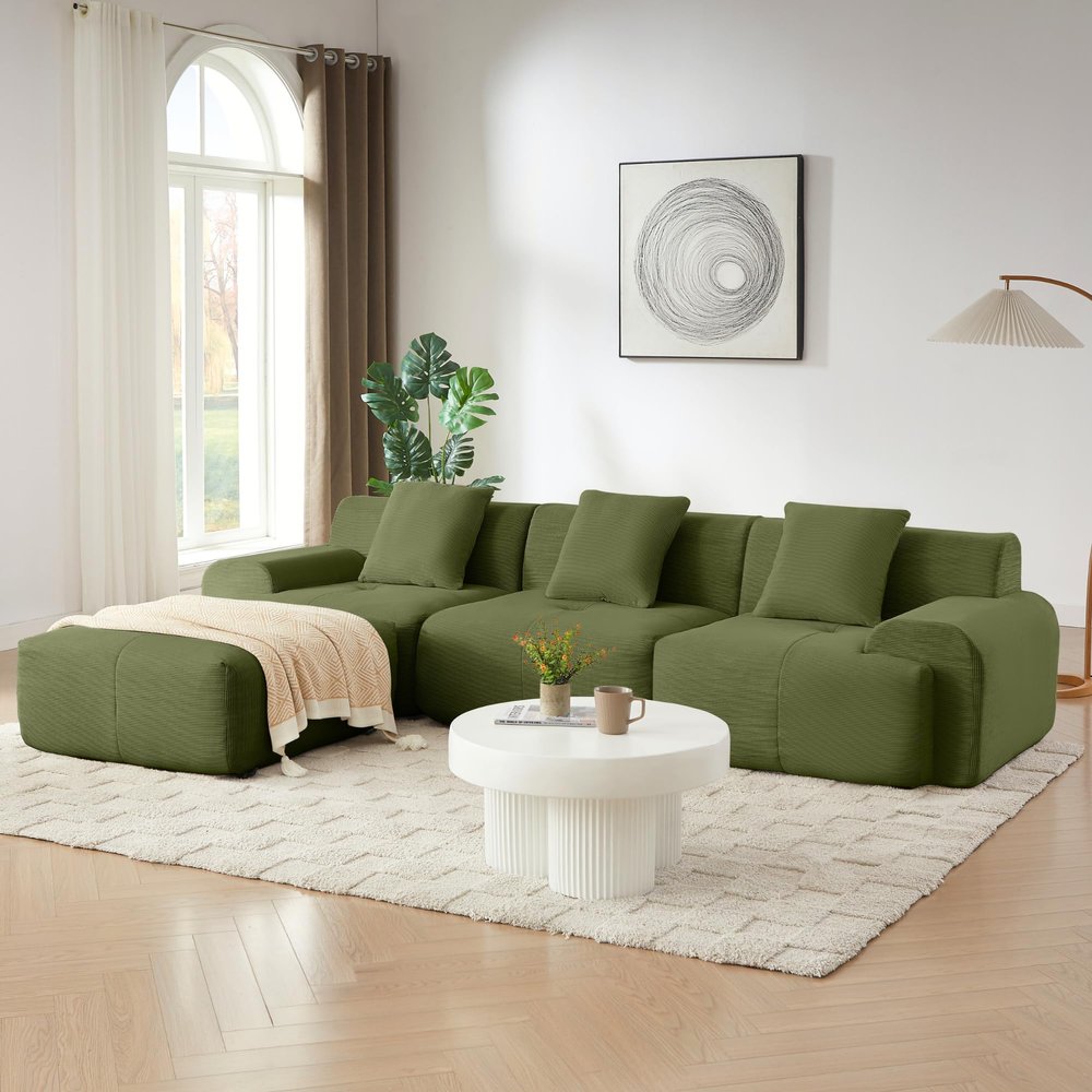 113" Modular L-Shaped Sectional Sofa with Movable Ottoman, Green Corduroy Deep Seat Couches for Living Room, Boneless Cloud Couch, No Assembly Required