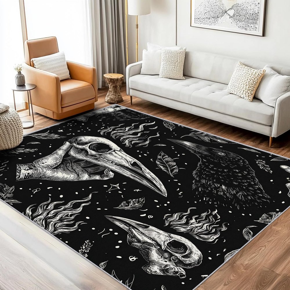 Gothic Skull Area Rugs 7x10 Living Room, Raven Bird Skull Feather Black and White Design, Soft Washable Bedroom Rug, Gothic Home Decor Carpet, Low Pile, Non Slip, Kid & Pet Friendly (S-194)
