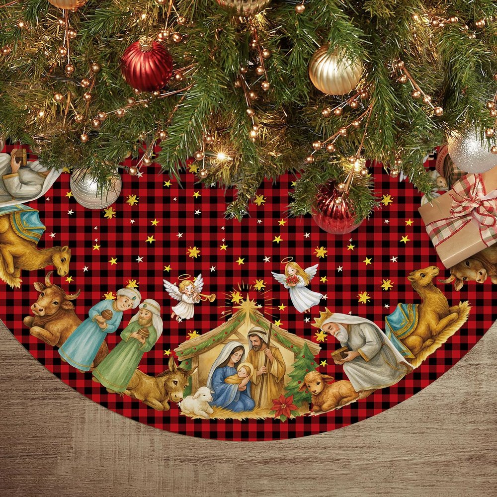Christmas Tree Skirt 36 Inch Plaid Nativity Holy Night Xmas Home Decor