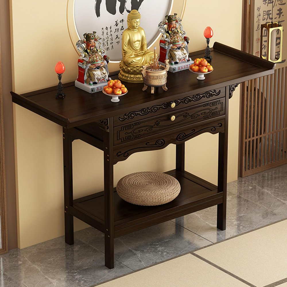 Bamboo Meditation Altar Table with Storage - Buddhist Shrine Cabinet for Home Use, Small Altar Table Bamboo Pooja Cabinet with Convertible Drawer and Door Compartment A1 47.2"Lx15.7"Wx39.4"H/120*40cm